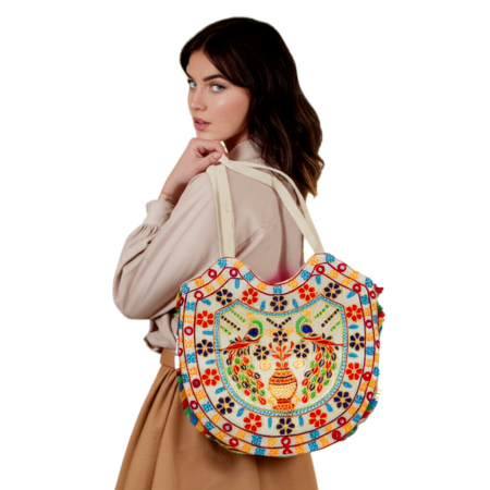 Handmade Jaipuri Embroidered Cotton Handbag – Multicolor Ethnic Tote with Peacock Design